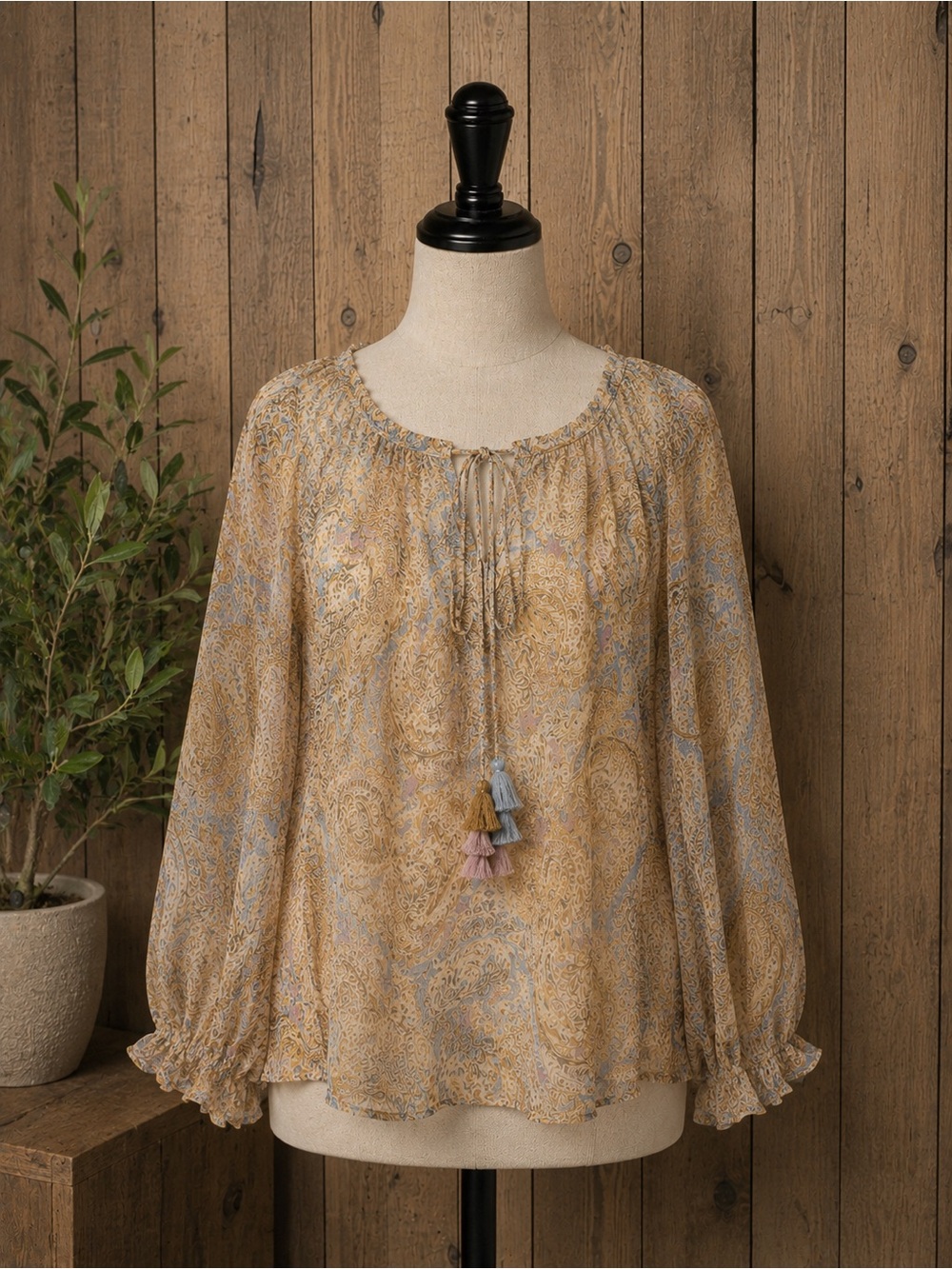 Democracy Mustard Paisley‎ Tie-Neck Peasant Blouse